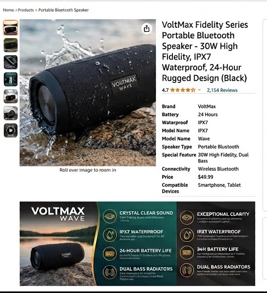 Optimized listing: professional product photo, keyword-rich title, full spec table, 4.7-star rating and A+ content