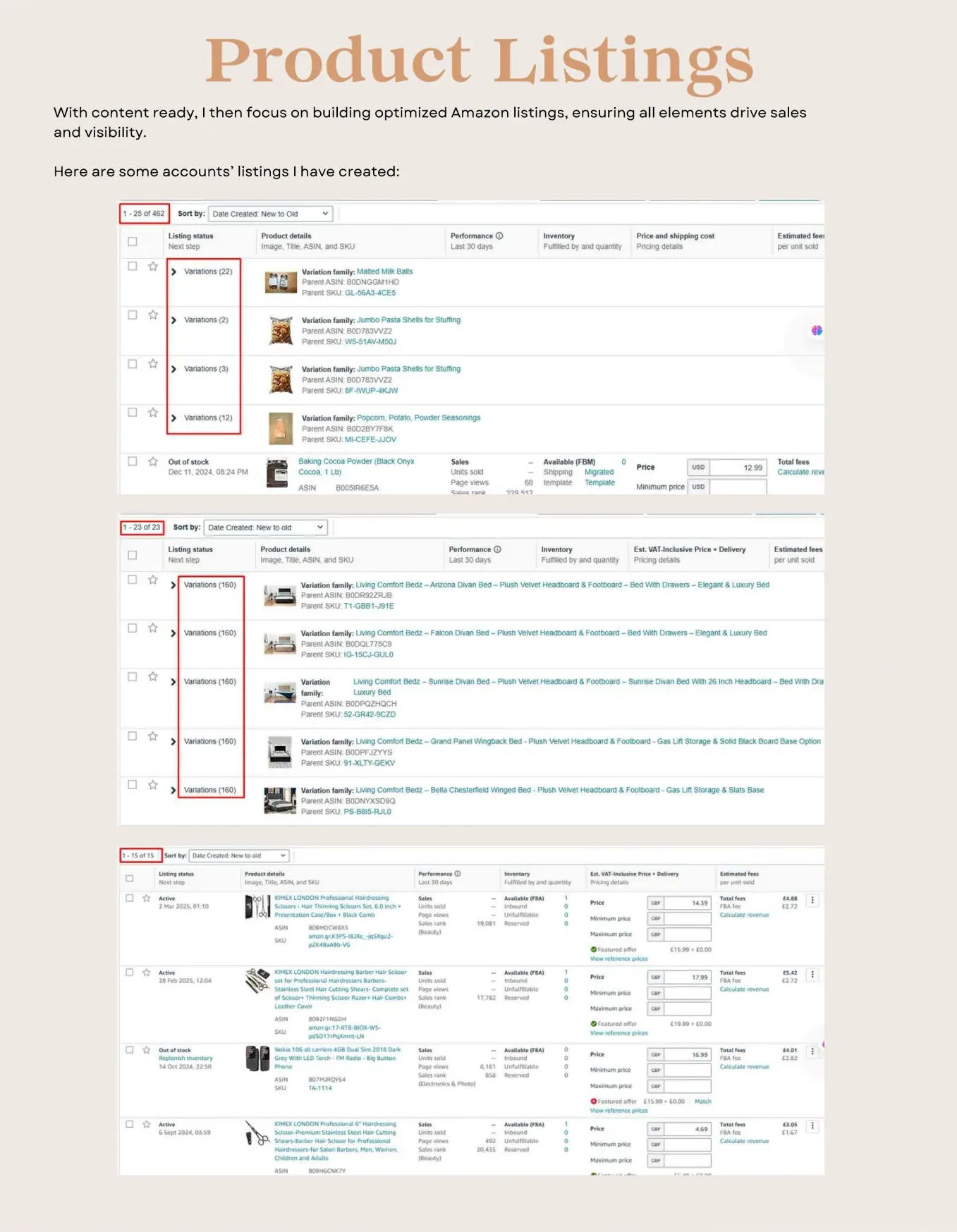 Real Amazon listings created across client accounts